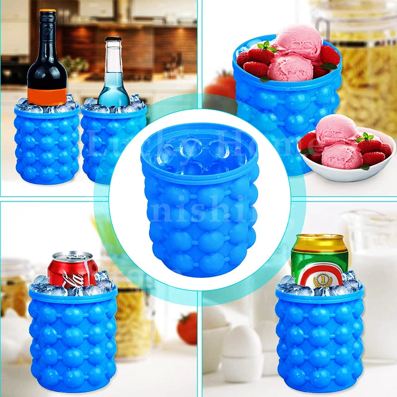 Large Silicone Ice Bucket with Lid, 2-in-1 Space Saving Ice Maker for Cocktail Wine Cooler Freeze Mold Barware Kitchen Tools