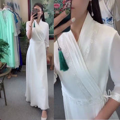 Improved Hanfu Female Chinese Style Zen Clothing Tea Clothing Female Collar Ancient Costume Daily Fairy Ancient Style Dress Waist Summer