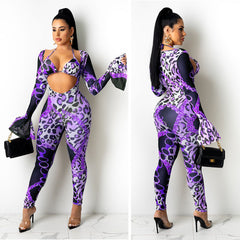 Women's Clothing Tight Mesh See-through Digital Printed Two-piece Suit Female