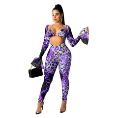 Women's Clothing Tight Mesh See-through Digital Printed Two-piece Suit Female