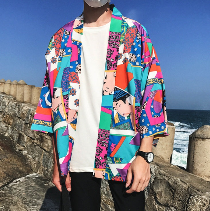 Printed Japanese Style Kimono Jacket cardigan men clothing cardigan male streetwear hiphop casual coat loose kimono