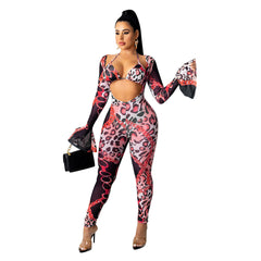 Women's Clothing Tight Mesh See-through Digital Printed Two-piece Suit Female