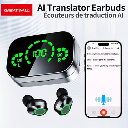GREATWALL 2025 AI Translator Earbuds New Three-screen Intelligent Digital Display Power Wireless Earphones, High-end Fashionable Mirror Earphones, Sports Game Music Earphones